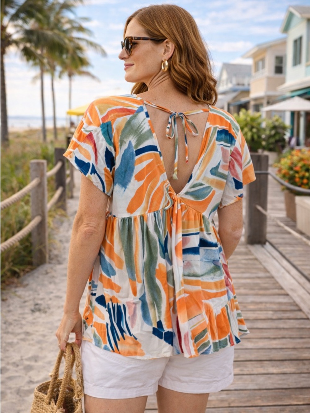 Entro Multicolor Abstract Blouse 🌊 Coastal Vacation Top Open Back Tie Flowy
